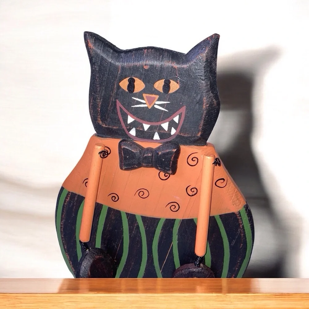 Halloween Wood Folk Art Cat Figurine NEW